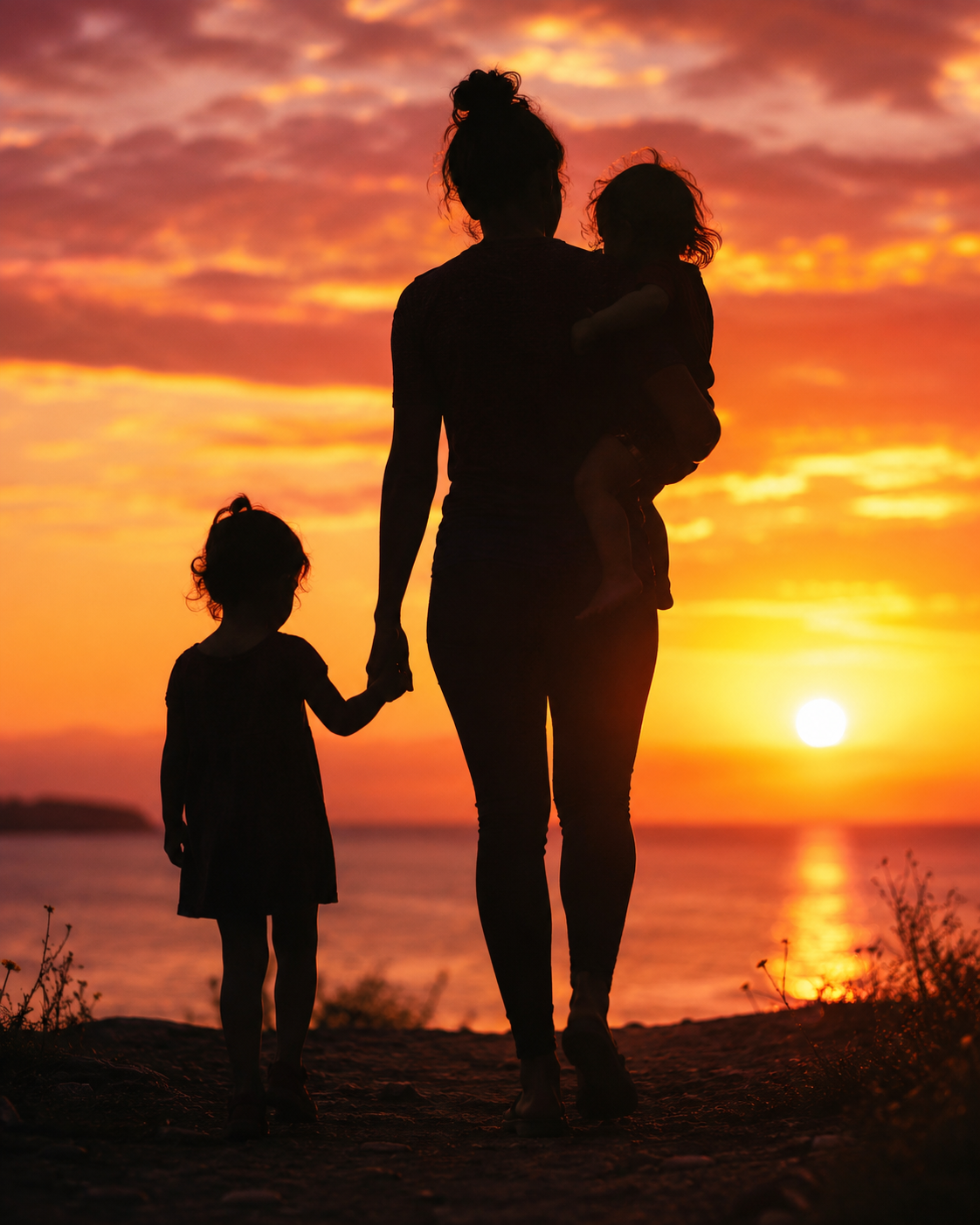 Mãe caminhando ao pôr do sol com seus filhos